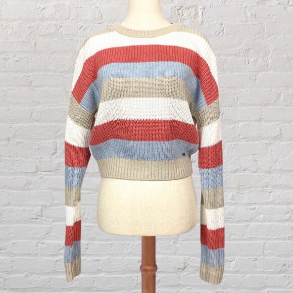 Hollister Cropped Waffle Knit Sweater XS Red Striped Retro Cozy Fall - Picture 3 of 11